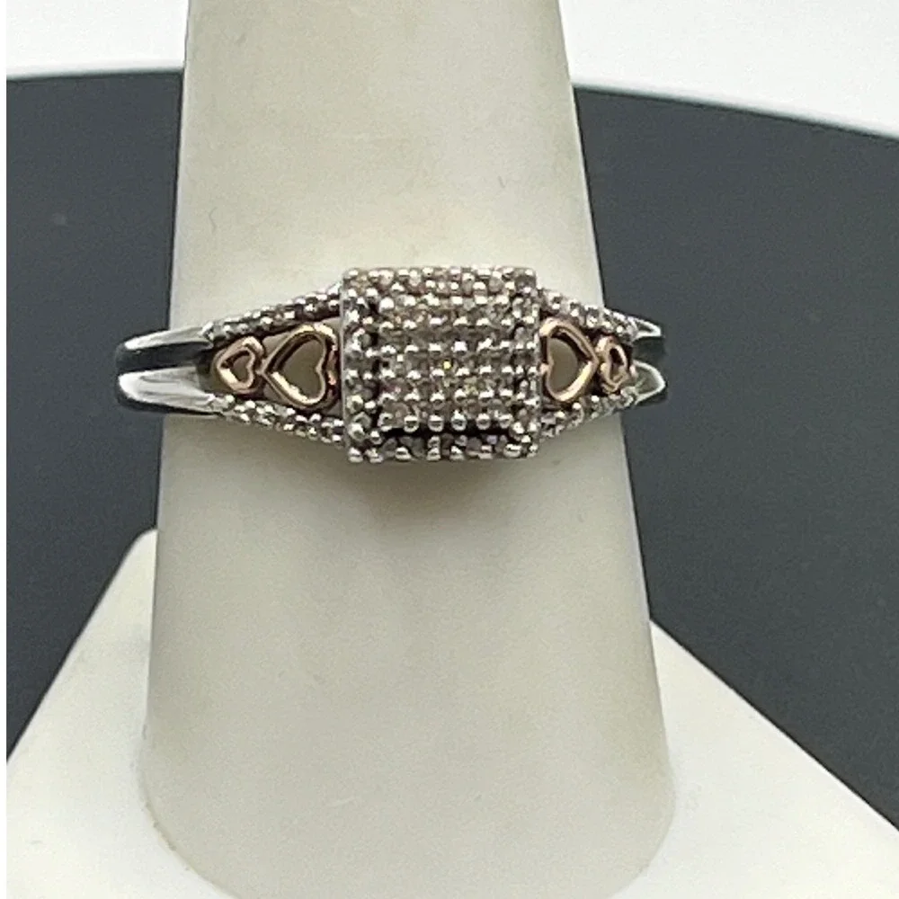 Sun Sterling Silver 14K Rose Gold Heart Natural Diamonds  Engagement Ring Sz 9.5